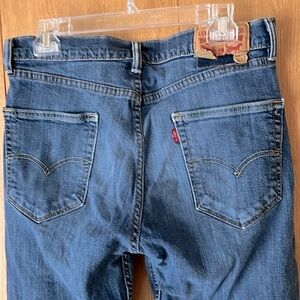 Levi’s 505 zip fly straight fit stretch denim blue jeans 34 waist well worn GUC